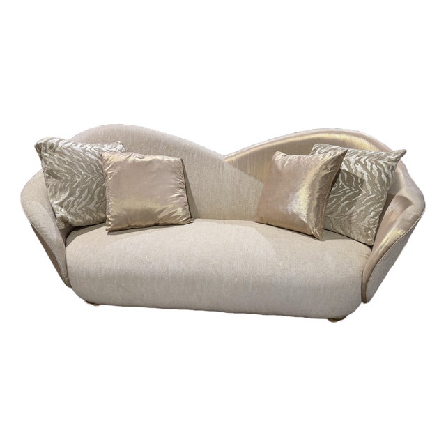 Michael Amini Beige and Gold Satin Sofa For Sale