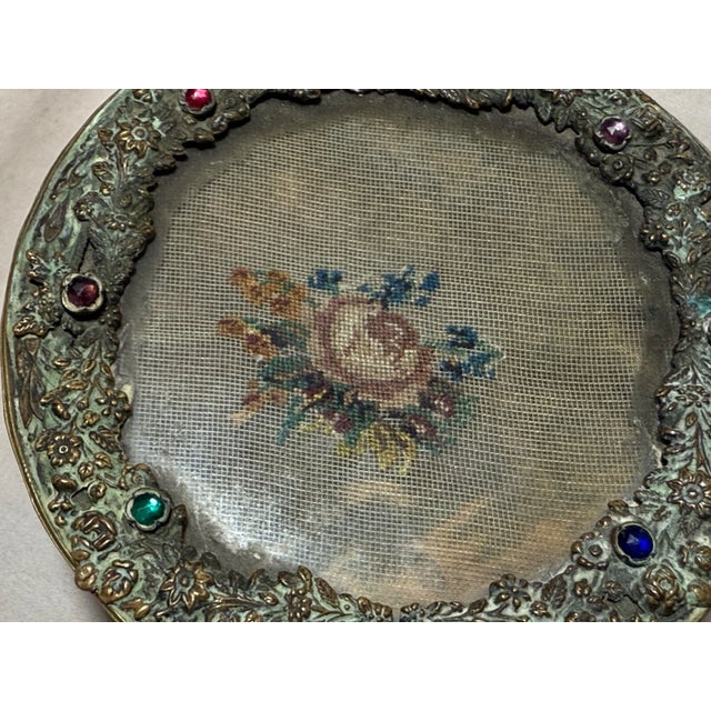 Gold Antique Ornate 1800s Austrian Petit Point Jeweled Cylindrical Casket Jewelry Box For Sale - Image 8 of 11