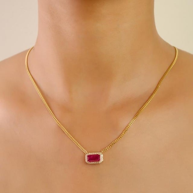 East West Set 1.58 Ct Ruby Birthstone Necklace With Diamonds in 14k Gold- 16 Inch For Sale - Image 4 of 14