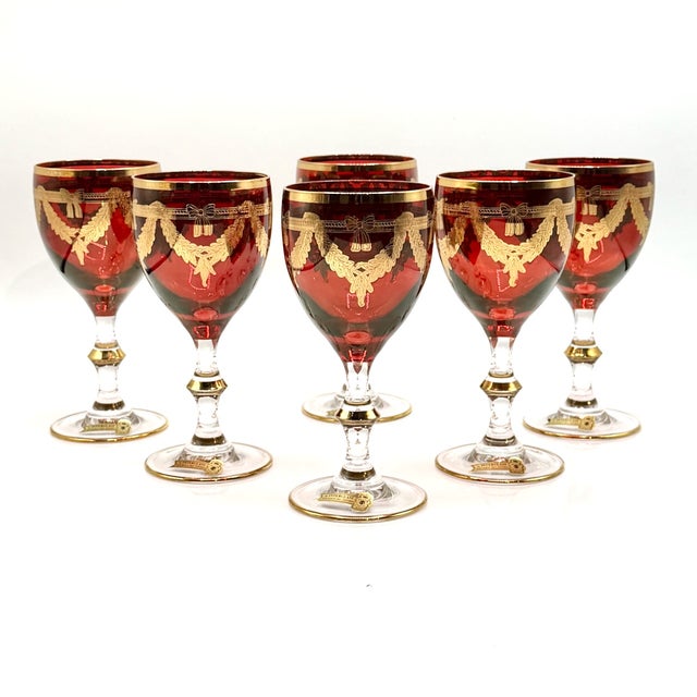 Vintage Italian Ruby Red Crystal Wine Goblets with 24k Gold Neoclassical Garlands by Interglass, 1980s, Set of 6 For Sale - Image 18 of 18