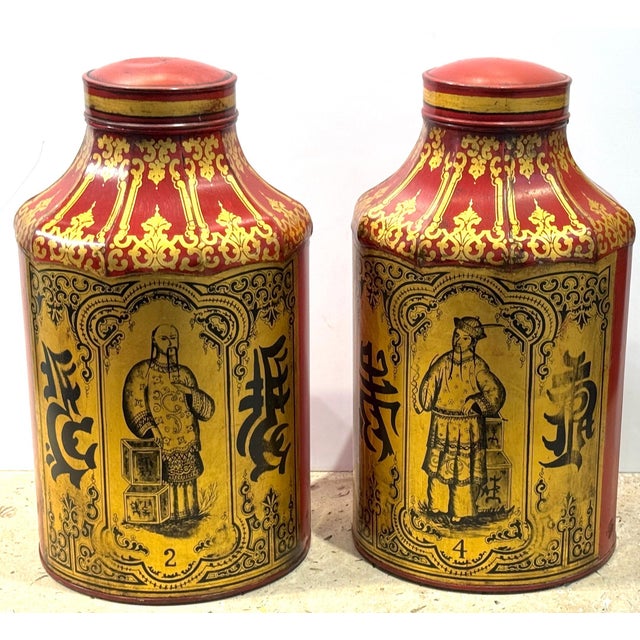 19th Century Pair of English Regency Red Tôle & Gilt Chinoiserie Tea Caddies, Nos. 2 & 4 For Sale - Image 5 of 18