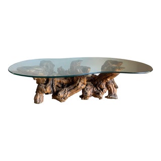 1960s Mid Century Modern Biomorphic Glass and Redwood Burl Root Live Edge Organic Driftwood Coffee Table For Sale