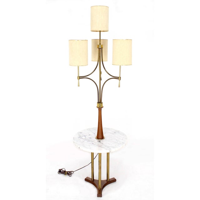 Mid 20th Century Mid Century Modern Walnut Brass Floor Lamp Round Marble Top Side Table Torchere For Sale - Image 5 of 10