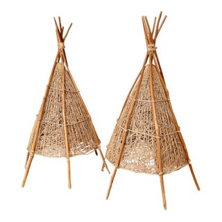 1970s Handwoven Rattan Lamps, Set of 2 For Sale