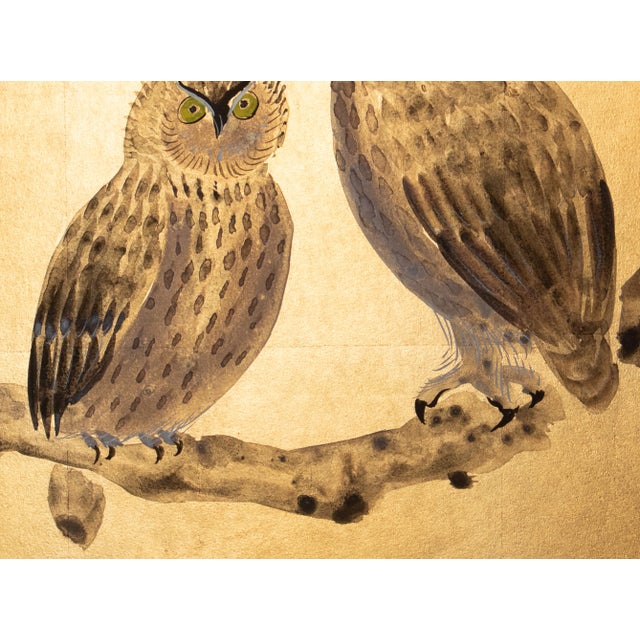 "Owl Family" by Shunko, Late Showa Painted Japanese Byobu Screen For Sale - Image 9 of 18