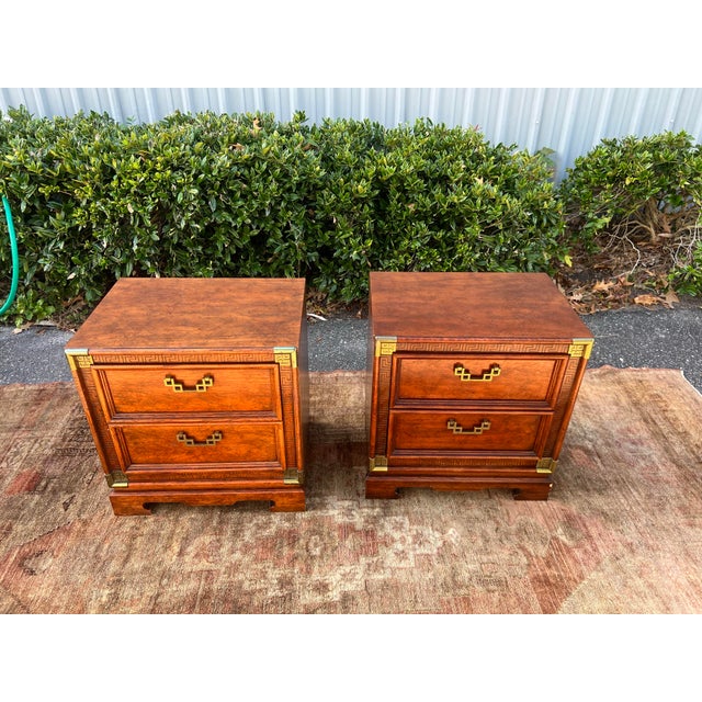 Vintage Burl and brass Chinoiserie Nightstands - a pair These Hollywood Regency chinoiserie nightstands are stunning in a...