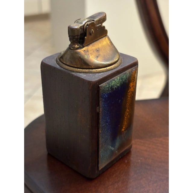 Vintage Mid-Century Modern Enameled Copper & Walnut Wood Table Lighter For Sale In Orlando - Image 6 of 7