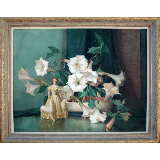 1940's Art Deco Oil Painting Figurine With Dogs & Lilies Still Life by Nell Walker Warner For Sale In Monterey, CA - Image 6 of 6