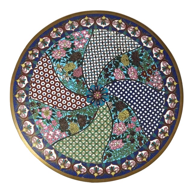 Antique Meiji Large Japanese Cloisonne Enamel Geometric Pattern Plate Charger For Sale