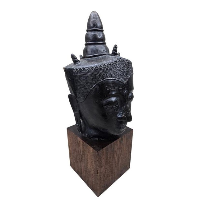 Mid 20th Century Vintage Southeast Asian Bronze Buddha Head For Sale - Image 5 of 8