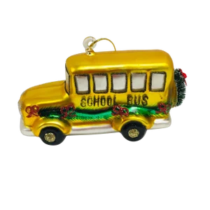 Holiday Decorated Hand Blown Yellow School Bus Ornament