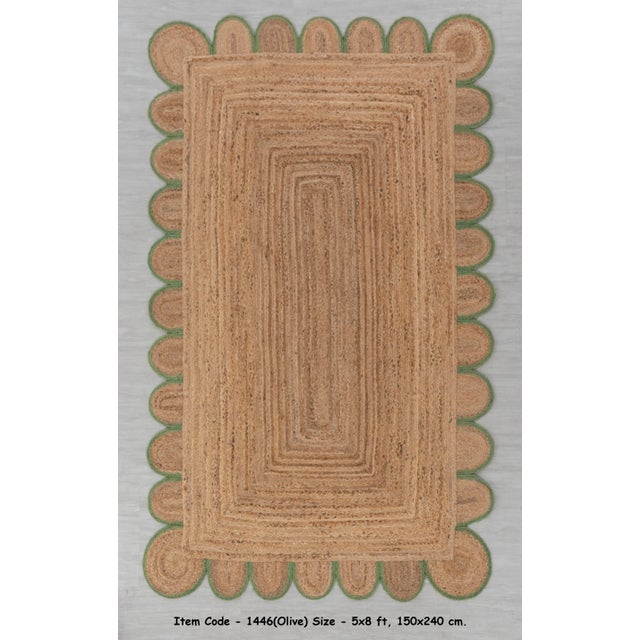 Olive Green Scallop Edge Jute Rug 5x7 Ft. For Sale - Image 4 of 13