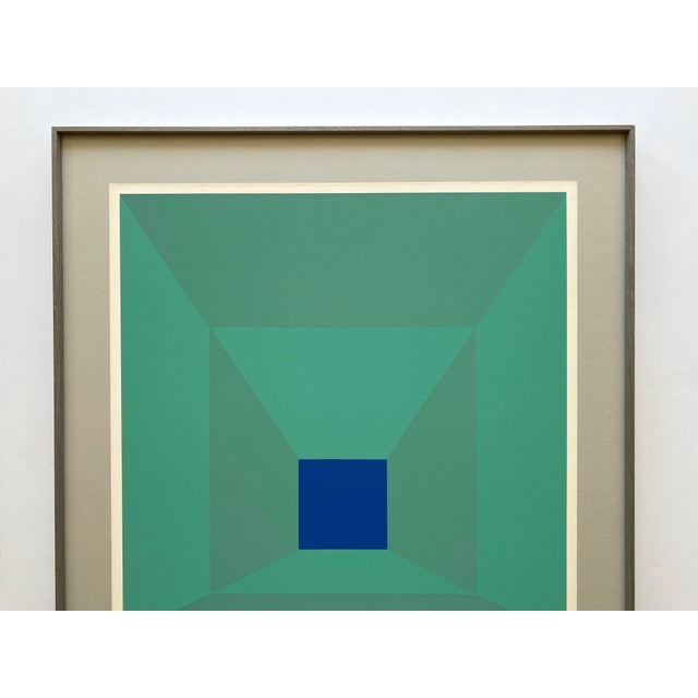 This Josef Albers very rare vintage 1971 limited edition hand signed " P-Blue " custom framed Mid Century Modernist...