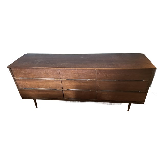 1960s Mid-Century Modern Walnut 9-Drawer Lowboy Dresser, Danish Modern Style For Sale