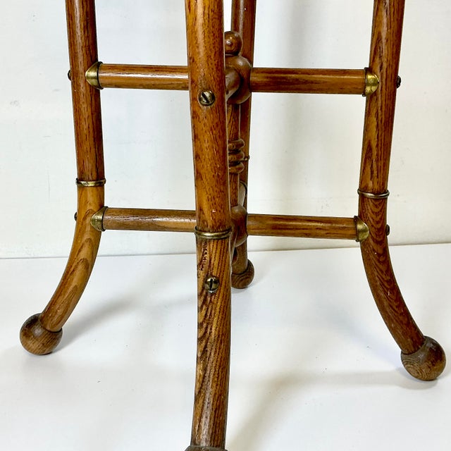 1950s 1950s Vintage Arts & Crafts Boho Chic Oak, Cane & Brass Stick & Ball Drinks Table For Sale - Image 5 of 13
