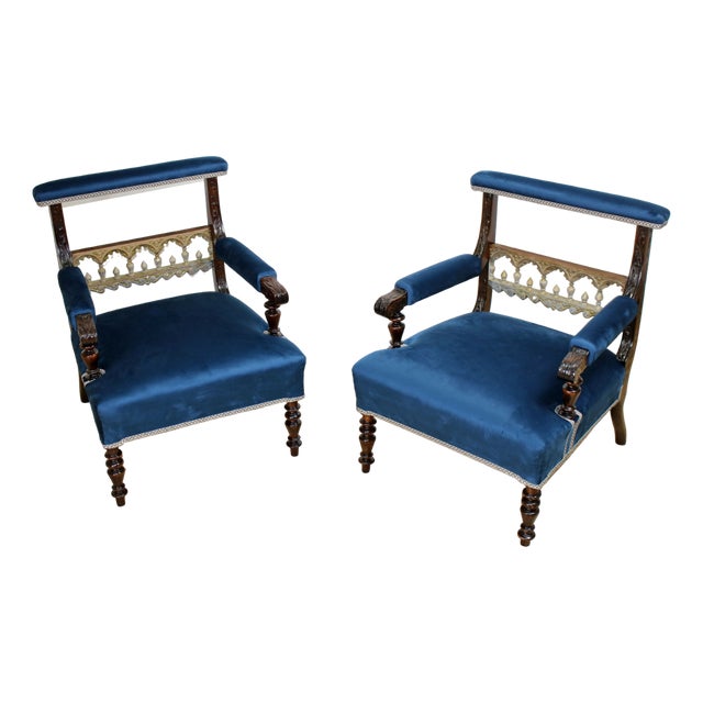 Set of Blue Armchairs, 1830s For Sale