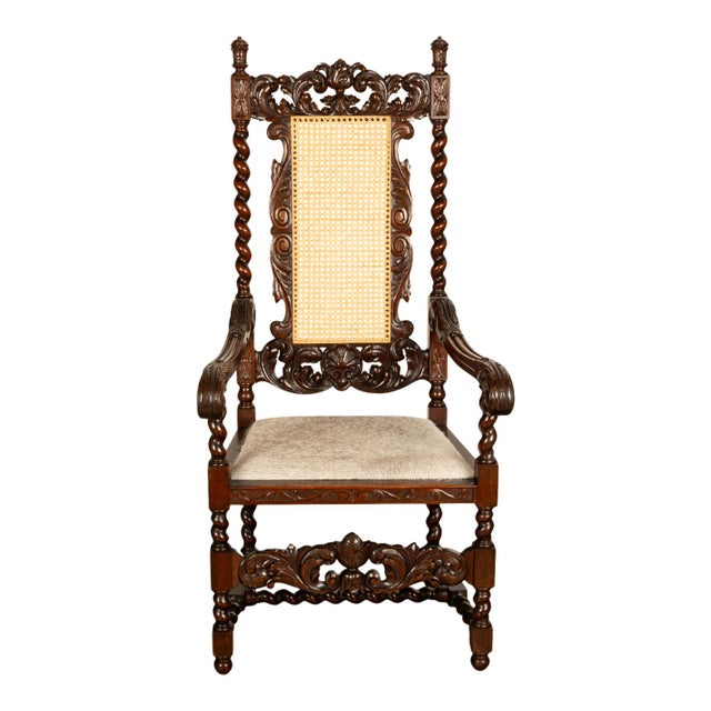 A very handsome antique French Louis XIII style carved walnut 'Barley Twist' armchair, circa 1880. The chair back with...
