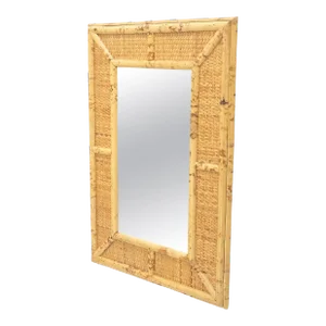 Compact Rectangle Bamboo Frame Decorative Mid Century Modern c1970s Wall Mirror