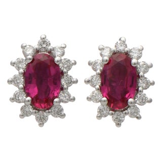 14KW Ruby(0.40) & Diamond(0.12) Halo Stud Earrings, 2 pieces For Sale