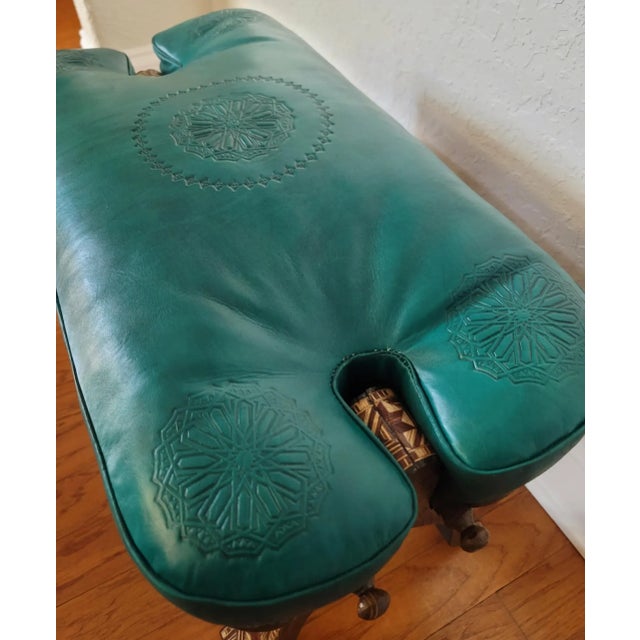 Moroccan Handcrafted Moroccan Camel Saddle, Genuine Leather Cushion Stool / Emerald Green For Sale - Image 3 of 10