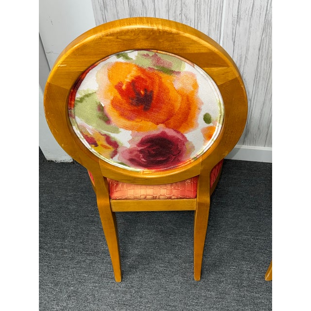 Unmarked set of Ethan Ethan Allen Arm Chairs New Uphostery in Watercolor Linen Florals with Waffled Silk Blend Seats....
