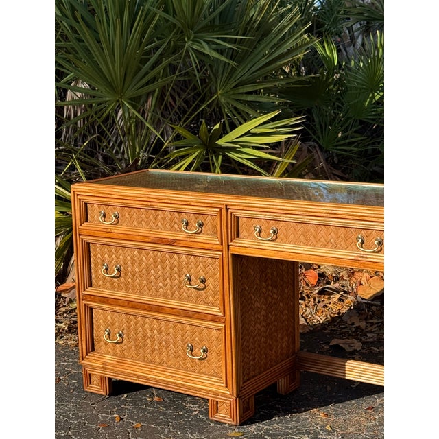 Coastal Vintage Whitecraft Bamboo & Rattan Writing Desk With Glass Top For Sale - Image 3 of 6