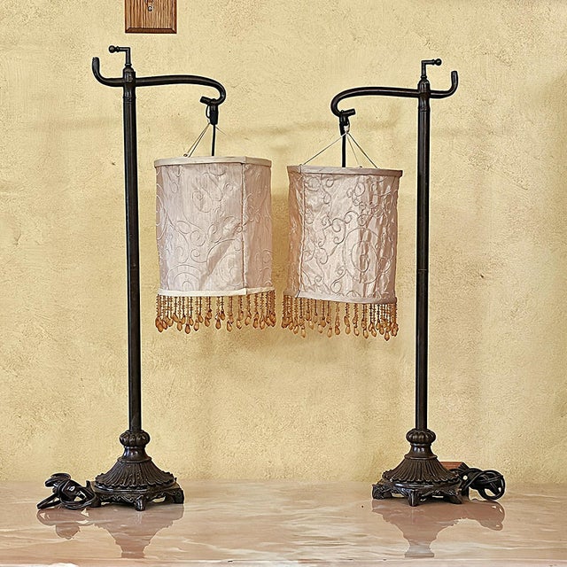 Metal Vintage Bridge Arm Table Lamps With Beaded Shades - Pair For Sale - Image 7 of 18