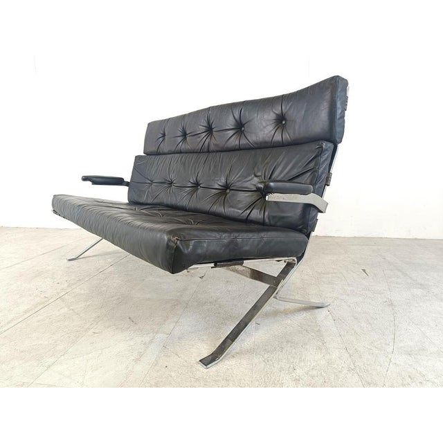 Vintage Black Leather and Chrome Sofa, 1970s For Sale - Image 6 of 12