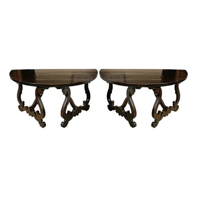 Grand Tuscan, Walnut Demilunes Console Tables- A Pair For Sale