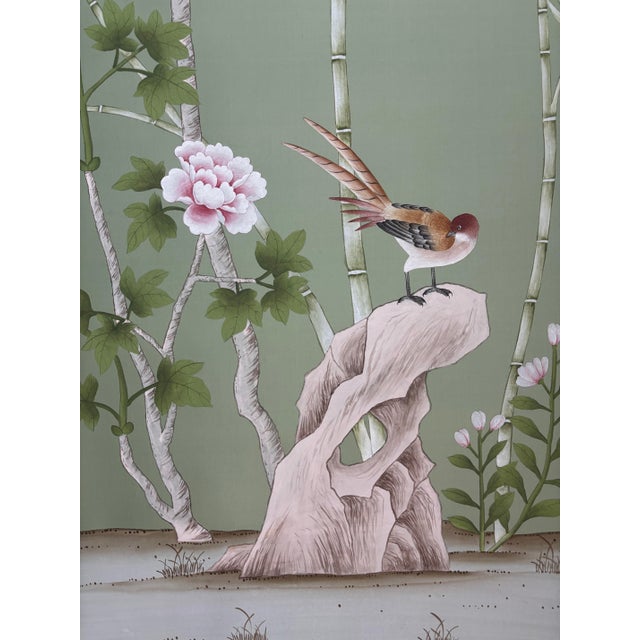 Chinoiserie Chinoiserie Hand-Painted Wallpaper Panels, Soft Sage Green Background With Floral & Bird Mural, Set of 5 For Sale - Image 3 of 5