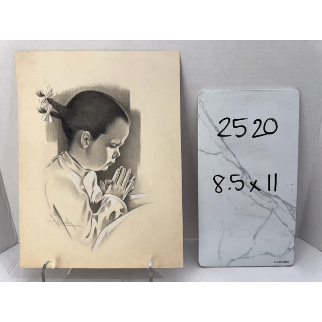 1940s Original Signed Graphite Illustration of Praying Young Girl, 11 × 8.5 In. For Sale In Atlanta - Image 6 of 6
