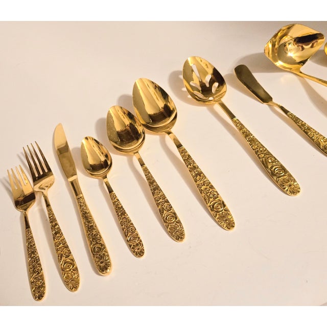 Metal Mid-Century Hollywood Regency Gold Floral Flatware- Set of 72 For Sale - Image 7 of 18