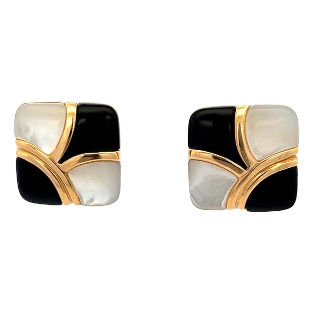 1990s Asch Grossbardt 14k Yellow Gold Onyx and Mother of Pearl Inlay Earrings, A Pair For Sale