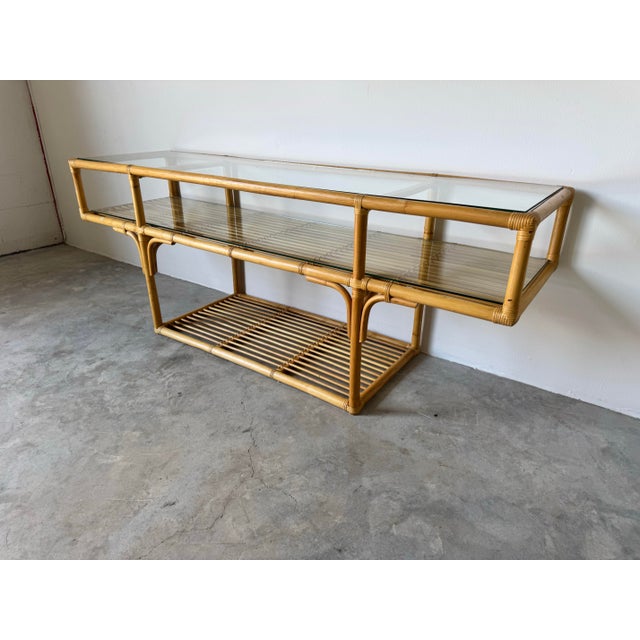 Vintage Three-Tier Rattan and Glass Top Sofa Console Table For Sale - Image 4 of 12