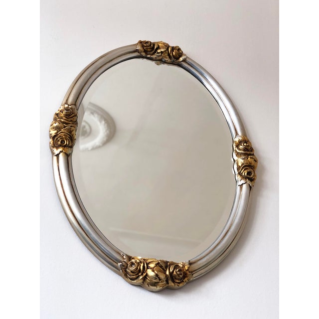 1970s Vintage Oval Silver Bevelled Mirror With Rose Accents For Sale - Image 5 of 10