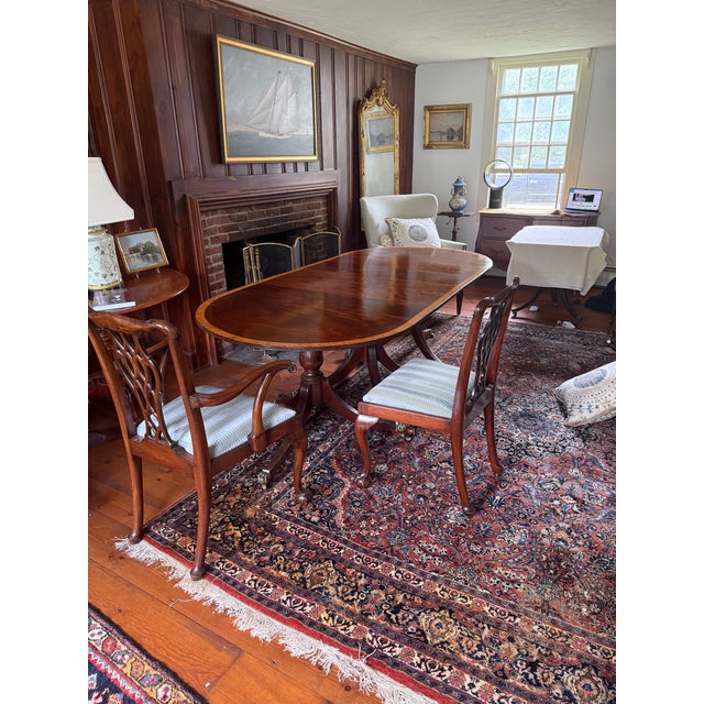 English Antique Grand Regency-Style Three-Pedestal Mahogany Dining Suite, Seats 12 — Table + 10 Chairs — Brass Paw Casters For Sale - Image 3 of 10
