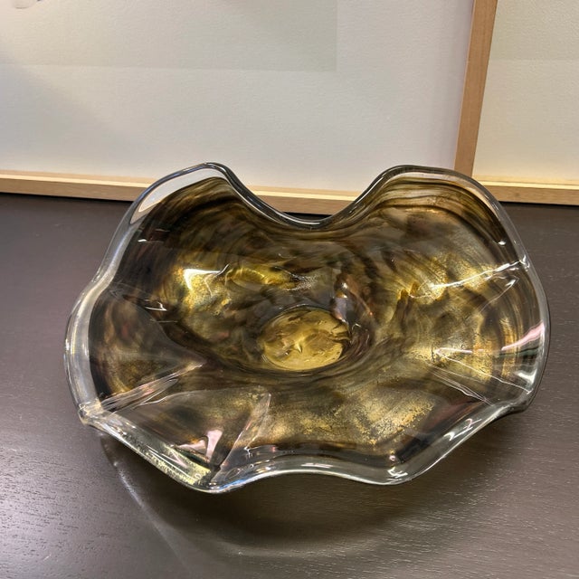 1980s Gold Brown and Copper Color Blown Art Glass Pinched Rim Bowl For Sale - Image 5 of 11