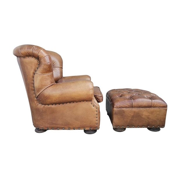 Mid-Century Modern Restoration Hardware Churchill Tufted Leather Chair With Ottoman For Sale - Image 3 of 12