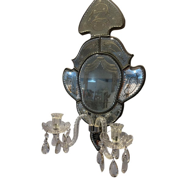 Printmaking Materials Late 19th Century Antique Venetian Two Arm Silver Mirrored Candle Sconces With Etching - Set of 2 For Sale - Image 7 of 12
