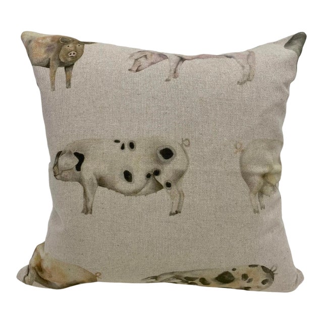 16" Square Pillow Adorned With Jovial Rustic Pigs of Various Sizes & Colors - Made in Uk For Sale