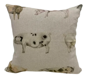 16" Square Pillow Adorned With Jovial Rustic Pigs of Various Sizes & Colors - Made in Uk