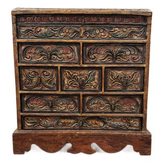 Vintage Late 20th Century Hand-Carved Wood Jewelry Chest – Old World Spanish Revival Style For Sale