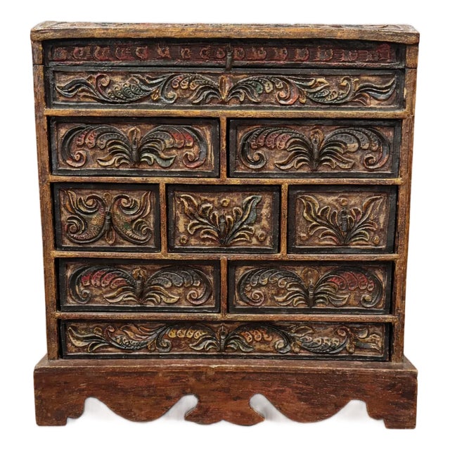 Vintage Late 20th Century Hand-Carved Wood Jewelry Chest – Old World Spanish Revival Style For Sale
