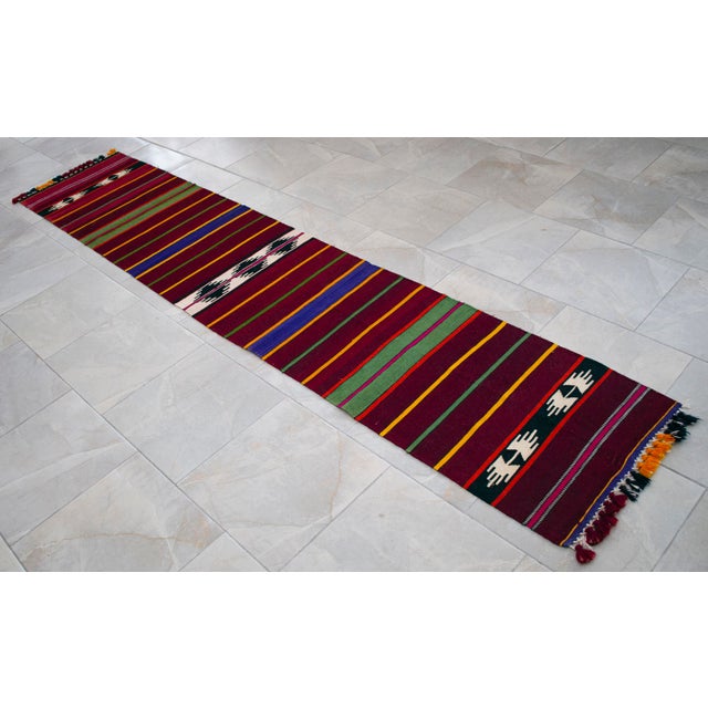 Burgundy 1990s Hand Made Short Narrow Runner Rug Turkish Kilim Hallway Rug - 1′11″ × 9′7″ For Sale - Image 8 of 12