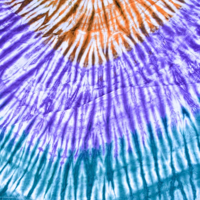 African Early 20th Century Yoruba Tie-Dyed Textile Orange, Purple and Green Nigeria 87x76 inch For Sale - Image 3 of 7