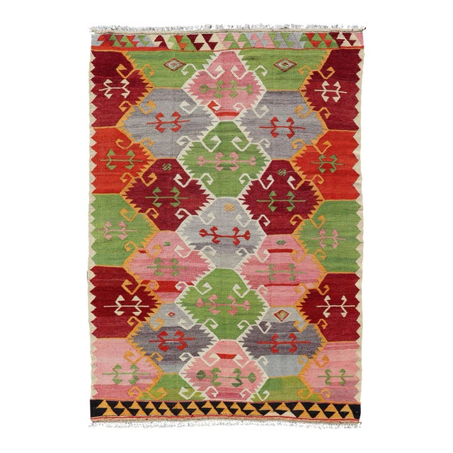 Mid 20th Century Vintage Turkish Kilim With Bright & Colorful Geometric Diamond Design For Sale