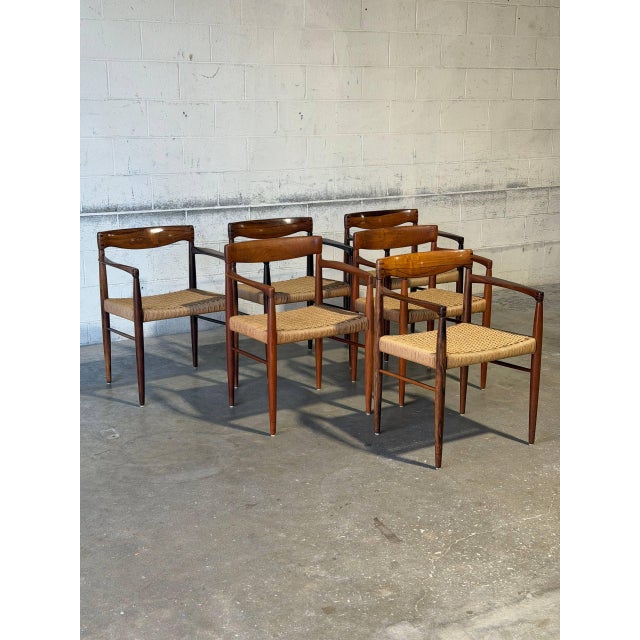 Mid-Century Modern In Style of h.w. Klein for Bramin Teak and Rosewood Woven Cord Dining Armchairs Set of 6 Danish Mid-Century Modern 1960s For Sale - Image 3 of 16