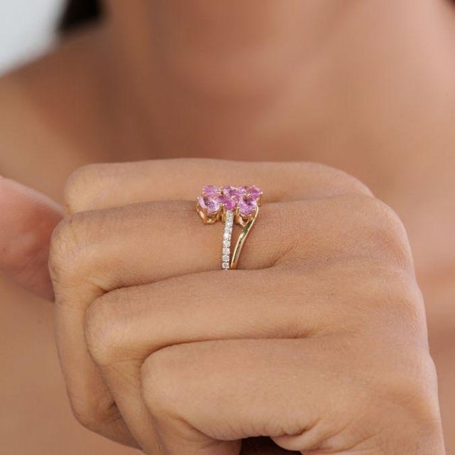 Not Yet Made - Made To Order Art Nouveau 14k Yellow Gold 1.66ct Pink Sapphire & Diamond Cluster Bypass Ring Size 5 For Sale - Image 5 of 16