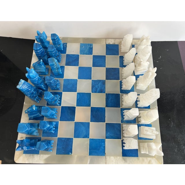 Vintage Blue and White Hand Carved Onyx Aztec Design Chess Set For Sale - Image 11 of 12