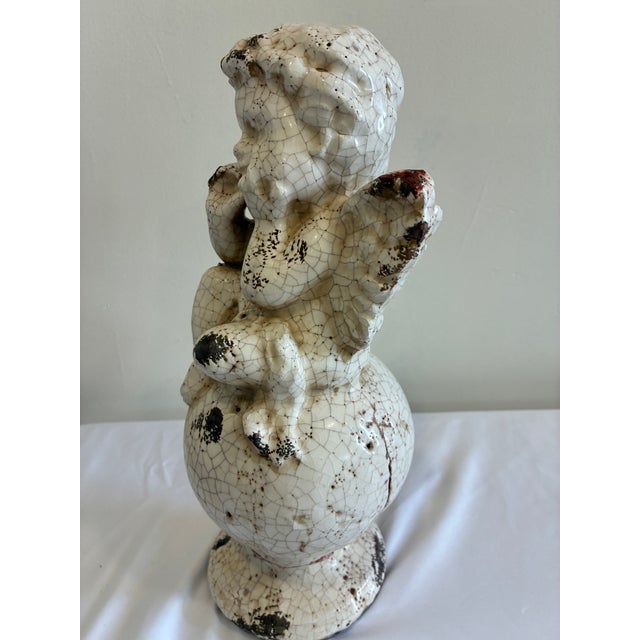 Mid 20th Century Vintage Crackle Glaze Ceramic Cherub Statue For Sale - Image 5 of 12